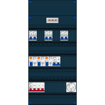 Schotman Elektro B.V. - SEP FS63A, 1xHoofdschakelaar, 3xAardlekschakelaar, 6xInstallatieautomaat, 1xFornuisgroep, 1xContactdoos, 3 Fase
