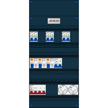 Schotman Elektro B.V. - SEP FS63A, 1xHoofdschakelaar, 3xAardlekschakelaar, 6xInstallatieautomaat, 1xFornuisgroep, 2xContactdoos, 3 Fase