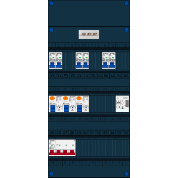 Schotman Elektro B.V. - SEP FS63A, 1xHoofdschakelaar, 3xAardlekschakelaar, 6xInstallatieautomaat, 1xBeltrafo, 3 Fase