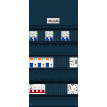 Schotman Elektro B.V. - SEP FS63A, 1xHoofdschakelaar, 3xAardlekschakelaar, 6xInstallatieautomaat, 1xBeltrafo, 1xContactdoos ,3 Fase