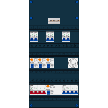 Schotman Elektro B.V. - SEP FS63A, 1xHoofdschakelaar, 3xAardlekschakelaar, 6xInstallatieautomaat, 1xkracht installatieautomaat, 1xContactdoos, 3 Fase