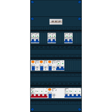 Schotman Elektro B.V. - SEP FS63A, 1xHoofdschakelaar, 3xAardlekschakelaar, 6xInstallatieautomaat, 1xkracht installatieautomaat, 1xFornuisgroep, 3 Fase
