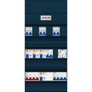 Schotman Elektro B.V. - SEP FS63A, 1xHoofdschakelaar, 3xAardlekschakelaar, 6xInstallatieautomaat, 1xkracht installatieautomaat, 1xFornuisgroep, 1xContactdoos, 3 Fase