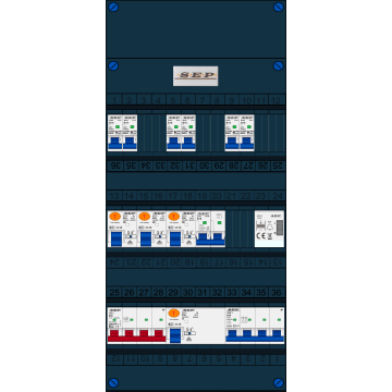 Schotman Elektro B.V. - SEP FS63A, 1xHoofdschakelaar, 3xAardlekschakelaar, 6xInstallatieautomaat, 1xkracht installatieautomaat, 1xFornuisgroep, 1xBeltrafo, 3 Fase