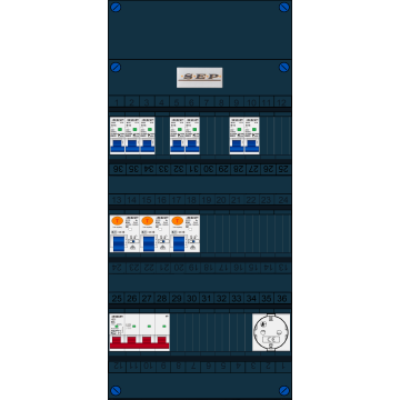 Schotman Elektro B.V. - SEP FS63A, 1xHoofdschakelaar, 3xAardlekschakelaar, 7xInstallatieautomaat, 1xContactdoos, 3 Fase