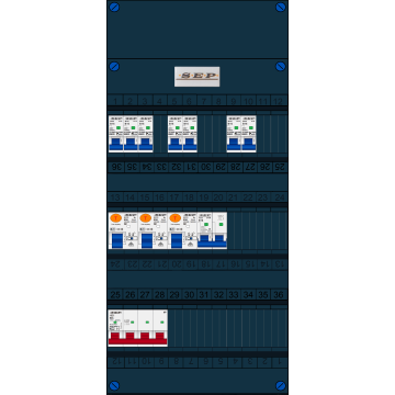  Schotman Elektro B.V. - SEP FS63A, 1xHoofdschakelaar, 3xAardlekschakelaar, 7xInstallatieautomaat, 1xFornuisgroep, 3 Fase