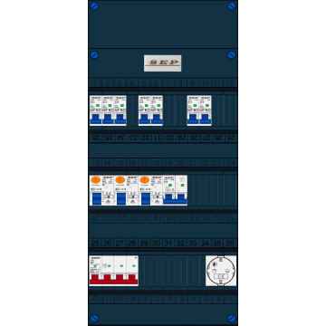 Schotman Elektro B.V. - SEP FS63A, 1xHoofdschakelaar, 3xAardlekschakelaar, 7xInstallatieautomaat, 1xFornuisgroep, 1xContactdoos, 3 Fase