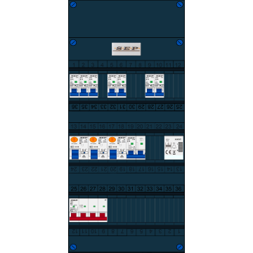 Schotman Elektro B.V. - SEP FS63A, 1xHoofdschakelaar, 3xAardlekschakelaar, 7xInstallatieautomaat, 1xFornuisgroep, 1xBeltrafo, 3 Fase