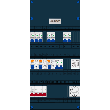 Schotman Elektro B.V. - SEP FS63A, 1xHoofdschakelaar, 3xAardlekschakelaar, 7xInstallatieautomaat, 1xFornuisgroep, 1xBeltrafo, 1xContactdoos, 3 Fase