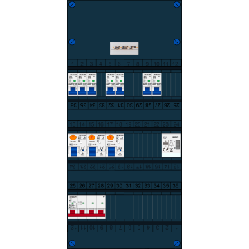 Schotman Elektro B.V. - SEP FS63A, 1xHoofdschakelaar, 3xAardlekschakelaar, 7xInstallatieautomaat, 1xBeltrafo, 3 Fase