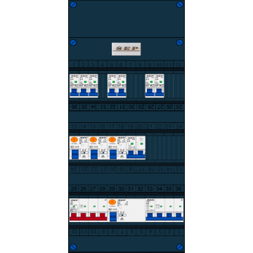Schotman Elektro B.V. - SEP FS63A, 1xHoofdschakelaar, 3xAardlekschakelaar, 7xInstallatieautomaat, 1xkracht installatieautomaat, 1xFornuisgroep, 3 Fase