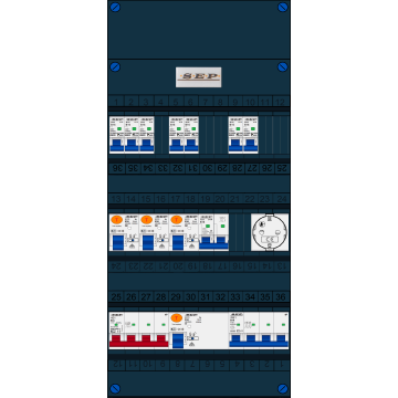 Schotman Elektro B.V. - SEP FS63A, 1xHoofdschakelaar, 3xAardlekschakelaar, 7xInstallatieautomaat, 1xkracht installatieautomaat, 1xFornuisgroep, 1xContactdoos, 3 Fase