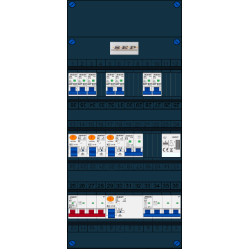 Schotman Elektro B.V. - SEP FS63A, 1xHoofdschakelaar, 3xAardlekschakelaar, 7xInstallatieautomaat, 1xkracht installatieautomaat, 1xFornuisgroep, 1xBeltrafo, 3 Fase