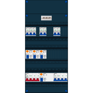 Schotman Elektro B.V. - SEP FS63A, 1xHoofdschakelaar, 3xAardlekschakelaar, 7xInstallatieautomaat, 1xkracht installatieautomaat, 3 Fase