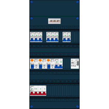 Schotman Elektro B.V. - SEP FS63A, 1xHoofdschakelaar, 3xAardlekschakelaar, 8xInstallatieautomaat, 1xFornuisgroep, 1xBeltrafo, 3 Fase
