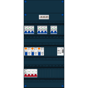 Schotman Elektro B.V. - SEP FS63A, 1xHoofdschakelaar, 3xAardlekschakelaar, 8xInstallatieautomaat, 1xBeltrafo, 3 Fase