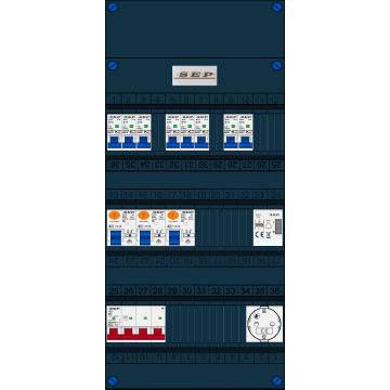 Schotman Elektro B.V. - SEP FS63A, 1xHoofdschakelaar, 3xAardlekschakelaar, 8xInstallatieautomaat, 1xBeltrafo, 1xContactdoos ,3 Fase