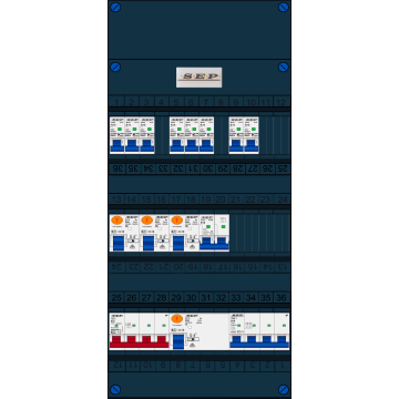 Schotman Elektro B.V. - SEP FS63A, 1xHoofdschakelaar, 3xAardlekschakelaar, 8xInstallatieautomaat, 1xkracht installatieautomaat, 1xFornuisgroep, 3 Fase