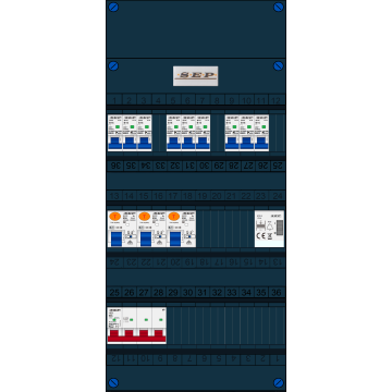 Schotman Elektro B.V. - SEP FS63A, 1xHoofdschakelaar, 3xAardlekschakelaar, 9xInstallatieautomaat, 1xBeltrafo, 3 Fase