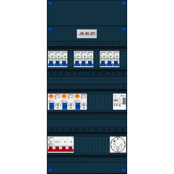 Schotman Elektro B.V. - SEP FS63A, 1xHoofdschakelaar, 3xAardlekschakelaar, 9xInstallatieautomaat, 1xBeltrafo, 1xContactdoos ,3 Fase