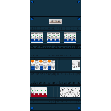 Schotman Elektro B.V. - SEP FS63A, 1xHoofdschakelaar, 3xAardlekschakelaar, 9xInstallatieautomaat, 1xBeltrafo, 2xContactdoos ,3 Fase