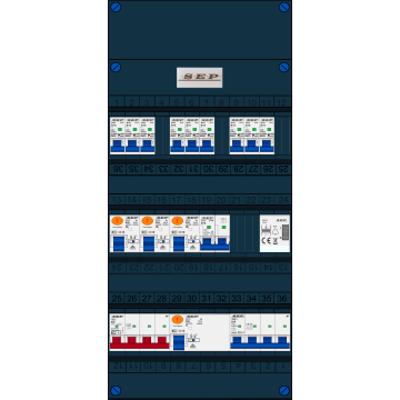 Schotman Elektro B.V. - SEP FS63A, 1xHoofdschakelaar, 3xAardlekschakelaar, 9xInstallatieautomaat, 1xkracht installatieautomaat, 1xFornuisgroep, 1xBeltrafo, 3 Fase
