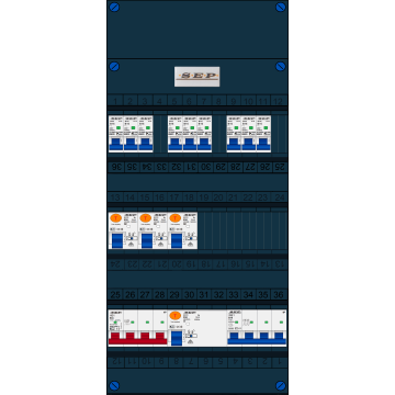 Schotman Elektro B.V. - SEP FS63A, 1xHoofdschakelaar, 3xAardlekschakelaar, 9xInstallatieautomaat, 1xkracht installatieautomaat, 3 Fase