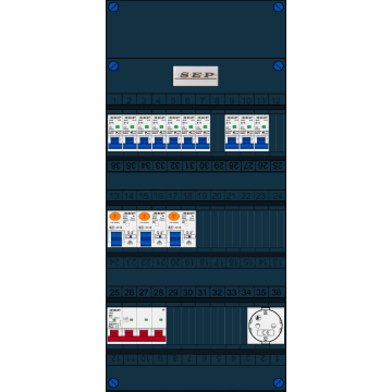 Schotman Elektro B.V. - SEP FS63A, 1xHoofdschakelaar, 3xAardlekschakelaar, 10xInstallatieautomaat, 1xContactdoos, 3 Fase