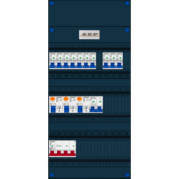 Schotman Elektro B.V. - SEP FS63A, 1xHoofdschakelaar, 3xAardlekschakelaar, 10xInstallatieautomaat, 1xFornuisgroep, 3 Fase