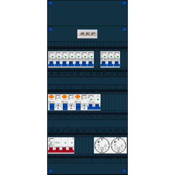 Schotman Elektro B.V. - SEP FS63A, 1xHoofdschakelaar, 3xAardlekschakelaar, 10xInstallatieautomaat, 1xFornuisgroep, 2xContactdoos, 3 Fase