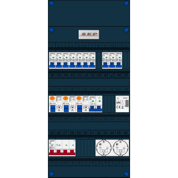 Schotman Elektro B.V. - SEP FS63A, 1xHoofdschakelaar, 3xAardlekschakelaar, 10xInstallatieautomaat, 1xFornuisgroep, 1xBeltrafo, 2xContactdoos, 3 Fase