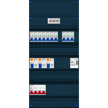 Schotman Elektro B.V. - SEP FS63A, 1xHoofdschakelaar, 3xAardlekschakelaar, 10xInstallatieautomaat, 1xBeltrafo, 3 Fase