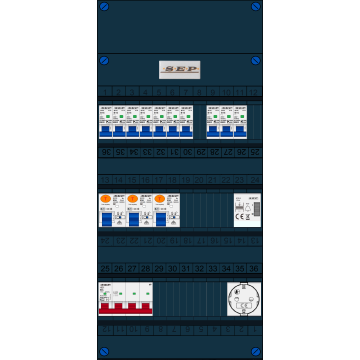 Schotman Elektro B.V. - SEP FS63A, 1xHoofdschakelaar, 3xAardlekschakelaar, 10xInstallatieautomaat, 1xBeltrafo, 1xContactdoos ,3 Fase