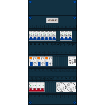 Schotman Elektro B.V. - SEP FS63A, 1xHoofdschakelaar, 3xAardlekschakelaar, 10xInstallatieautomaat, 1xBeltrafo, 2xContactdoos ,3 Fase