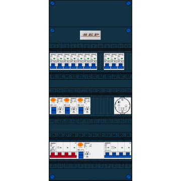 Schotman Elektro B.V. - SEP FS63A, 1xHoofdschakelaar, 3xAardlekschakelaar, 10xInstallatieautomaat, 1xkracht installatieautomaat, 1xContactdoos, 3 Fase