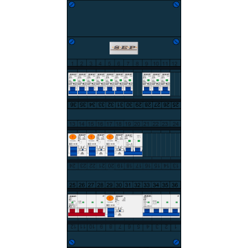 Schotman Elektro B.V. - SEP FS63A, 1xHoofdschakelaar, 3xAardlekschakelaar, 10xInstallatieautomaat, 1xkracht installatieautomaat, 1xFornuisgroep, 3 Fase