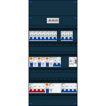 Schotman Elektro B.V. - SEP FS63A, 1xHoofdschakelaar, 3xAardlekschakelaar, 10xInstallatieautomaat, 1xkracht installatieautomaat, 1xFornuisgroep, 1xBeltrafo, 3 Fase