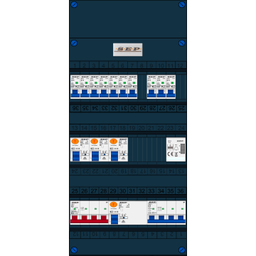 Schotman Elektro B.V. - SEP FS63A, 1xHoofdschakelaar, 3xAardlekschakelaar, 10xInstallatieautomaat, 1xkracht installatieautomaat, 1xBeltrafo, 3 Fase