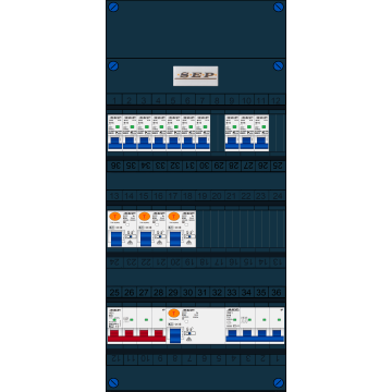Schotman Elektro B.V. - SEP FS63A, 1xHoofdschakelaar, 3xAardlekschakelaar, 10xInstallatieautomaat, 1xkracht installatieautomaat, 3 Fase