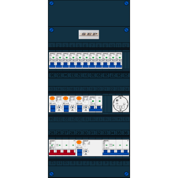 Schotman Elektro B.V. - SEP FS63A, 1xHoofdschakelaar, 3xAardlekschakelaar, 11xInstallatieautomaat, 1xkracht installatieautomaat, 1xFornuisgroep, 1xContactdoos, 3 Fase
