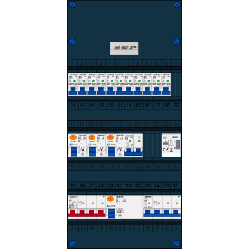 Schotman Elektro B.V. - SEP FS63A, 1xHoofdschakelaar, 3xAardlekschakelaar, 11xInstallatieautomaat, 1xkracht installatieautomaat, 1xFornuisgroep, 1xBeltrafo, 3 Fase