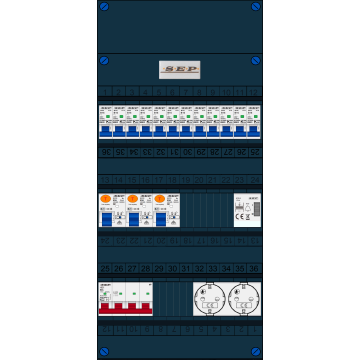 Schotman Elektro B.V. - SEP FS63A, 1xHoofdschakelaar, 3xAardlekschakelaar, 12xInstallatieautomaat, 1xBeltrafo, 2xContactdoos ,3 Fase
