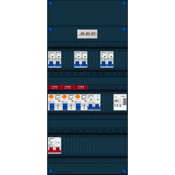 Schotman Elektro B.V. - SEP FS63A, 1xHoofdschakelaar, 3xAardlekschakelaar-Type B, 6xInstallatieautomaat, 1xFornuisgroep, 1xBeltrafo, 1 Fase