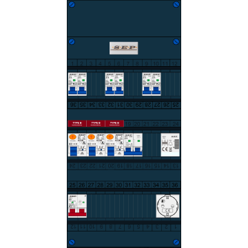Schotman Elektro B.V. - SEP FS63A, 1xHoofdschakelaar, 3xAardlekschakelaar-Type B, 6xInstallatieautomaat, 1xFornuisgroep, 1xBeltrafo, 1xContactdoos, 1 Fase