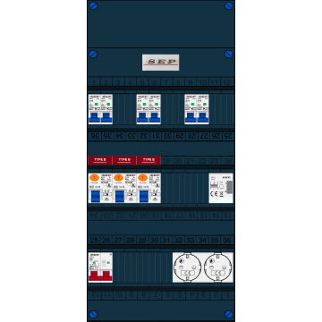 Schotman Elektro B.V. - SEP FS63A, 1xHoofdschakelaar, 3xAardlekschakelaar-Type B, 6xInstallatieautomaat, 1xBeltrafo, 2xContactdoos, 1 Fase
