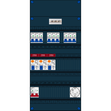 Schotman Elektro B.V. - SEP FS63A, 1xHoofdschakelaar, 3xAardlekschakelaar-Type B, 9xInstallatieautomaat, 1xContactdoos, 1 Fase