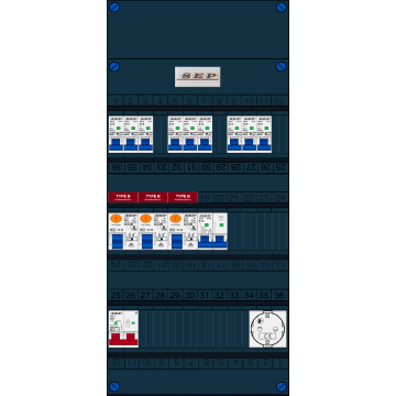 Schotman Elektro B.V. - SEP FS63A, 1xHoofdschakelaar, 3xAardlekschakelaar-Type B, 9xInstallatieautomaat, 1xFornuisgroep, 1xContactdoos, 1 Fase