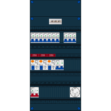 Schotman Elektro B.V. - SEP FS63A, 1xHoofdschakelaar, 3xAardlekschakelaar-Type B, 10xInstallatieautomaat, 1xFornuisgroep, 1xContactdoos, 1 Fase