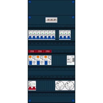 Schotman Elektro B.V. - SEP FS63A, 1xHoofdschakelaar, 3xAardlekschakelaar-Type B, 10xInstallatieautomaat, 1xBeltrafo, 2xContactdoos, 1 Fase