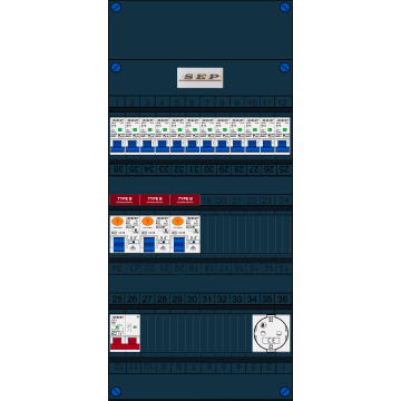 Schotman Elektro B.V. - SEP FS63A, 1xHoofdschakelaar, 3xAardlekschakelaar-Type B, 12xInstallatieautomaat, 1xContactdoos, 1 Fase